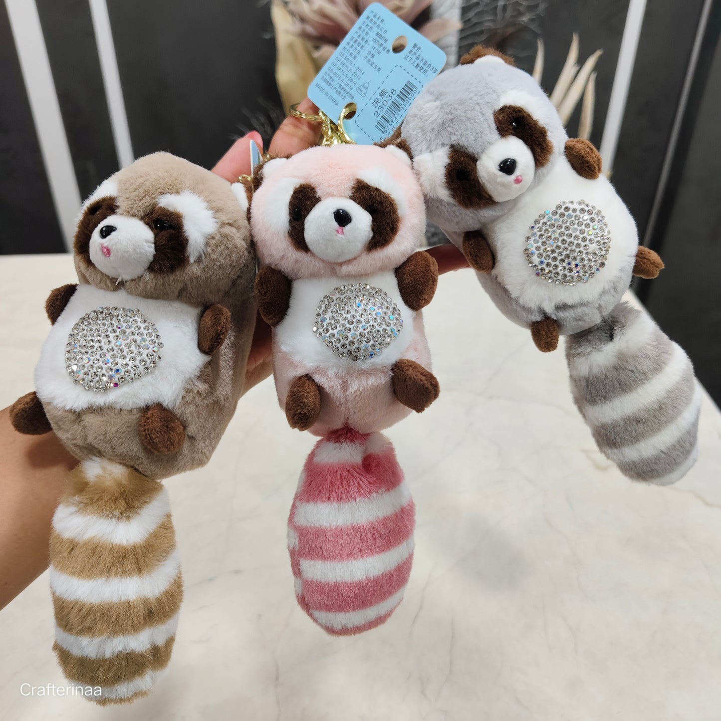 Plush Raccoon Keychain – Cute Soft Toy with Crystal Rhinestone Belly scented soft toy keychain
