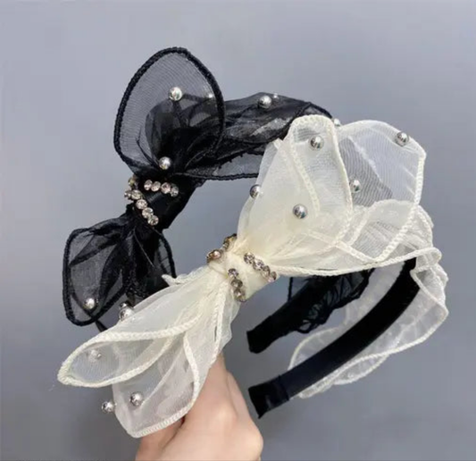 "Lace Pearl Bow Headbands – Elegant Mesh Hair Bands with Beads for Women & Girls"