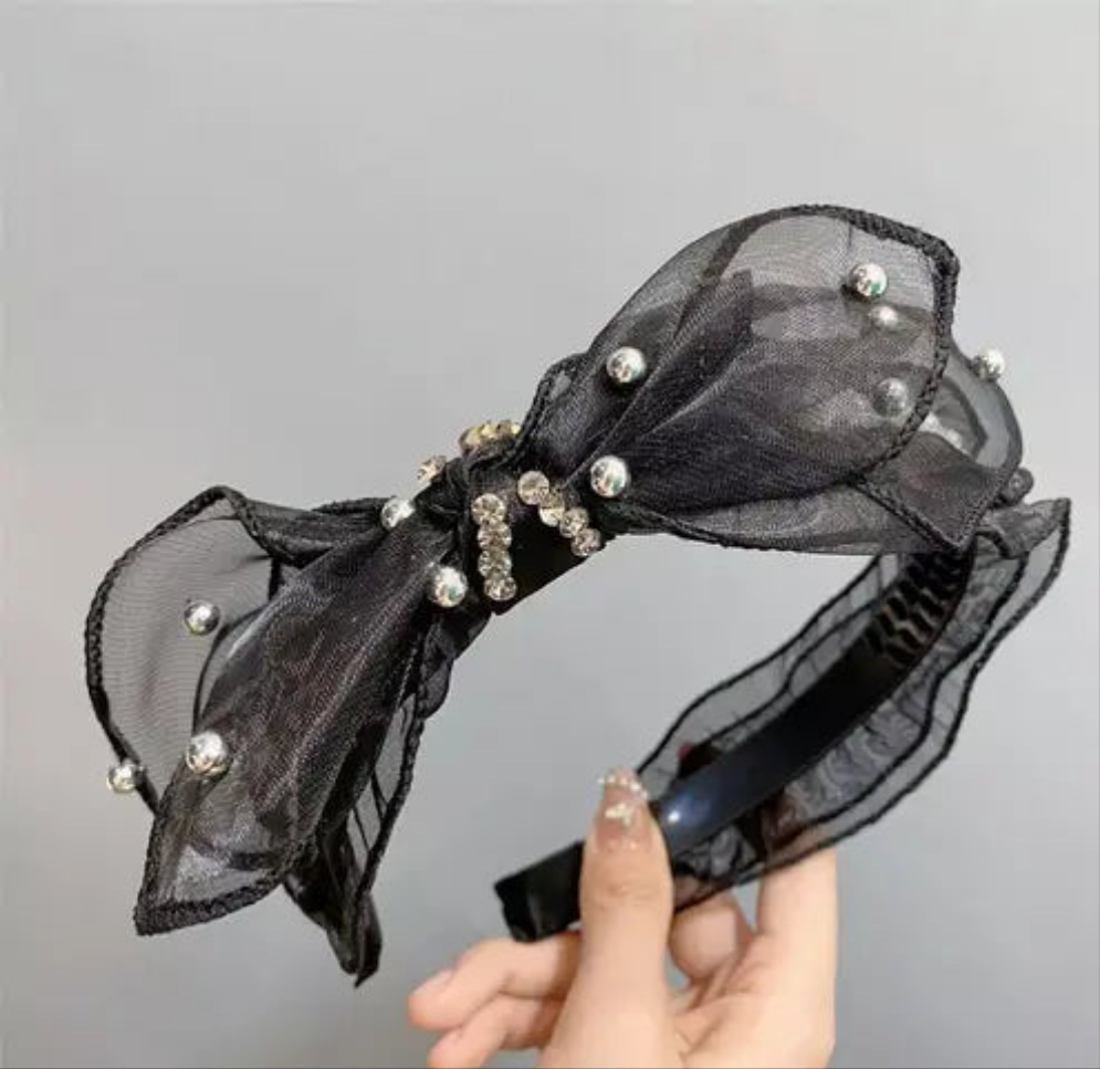 "Lace Pearl Bow Headbands – Elegant Mesh Hair Bands with Beads for Women & Girls"