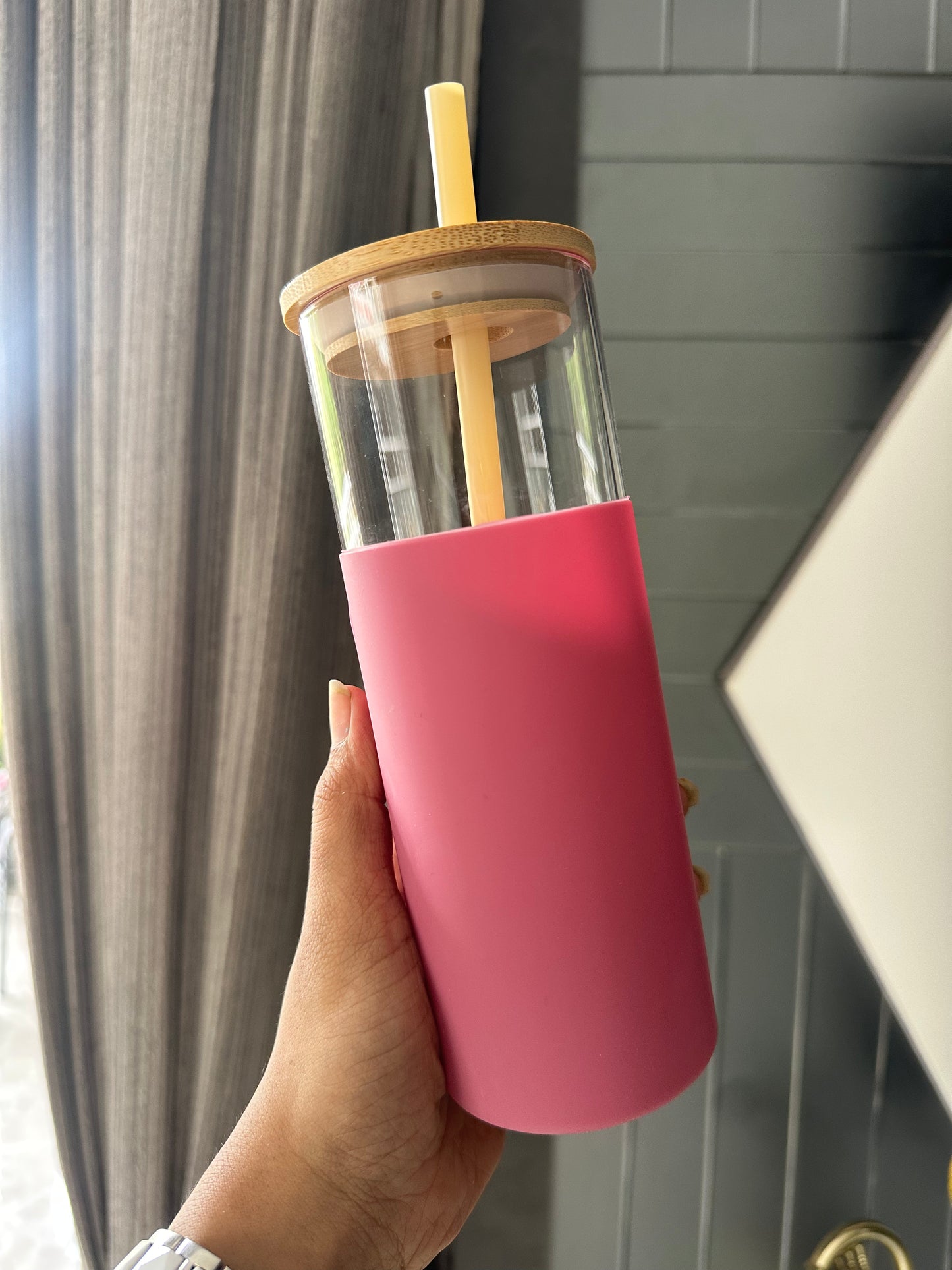 Silicone Grip Glass Tumbler with Bamboo Lid & Reusable Straw | 550ml