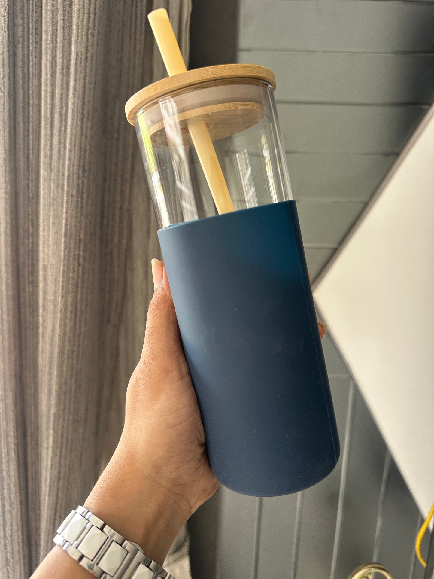 Silicone Grip Glass Tumbler with Bamboo Lid & Reusable Straw | 550ml