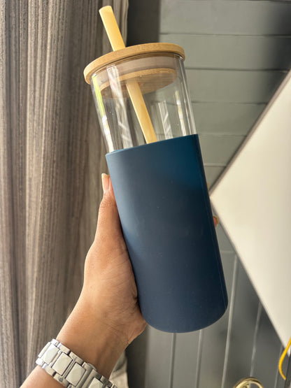 Silicone Grip Glass Tumbler with Bamboo Lid & Reusable Straw | 550ml