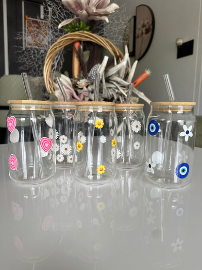 Printed Glass Sipper Tumbler with Bamboo Lid & Glass Straw | 450ml