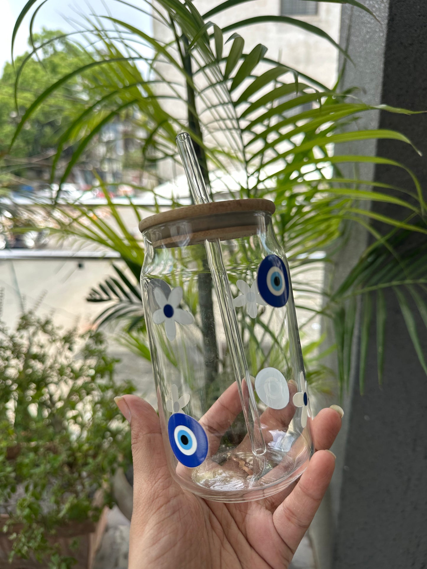 Printed Glass Sipper Tumbler with Bamboo Lid & Glass Straw | 450ml