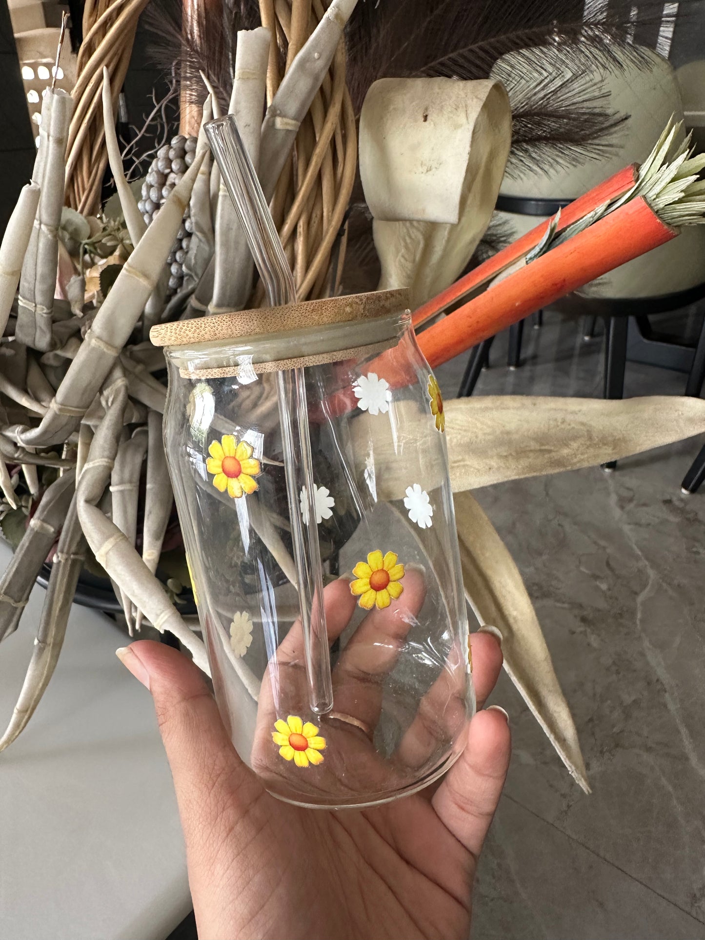 Printed Glass Sipper Tumbler with Bamboo Lid & Glass Straw | 450ml