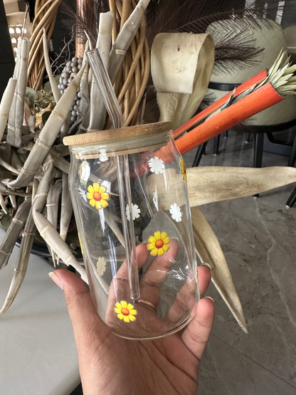 Printed Glass Sipper Tumbler with Bamboo Lid & Glass Straw | 450ml