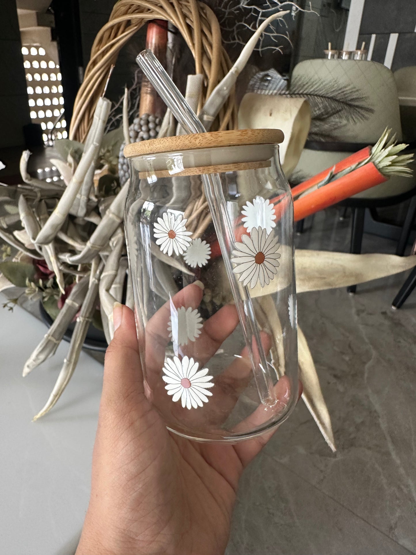Printed Glass Sipper Tumbler with Bamboo Lid & Glass Straw | 450ml