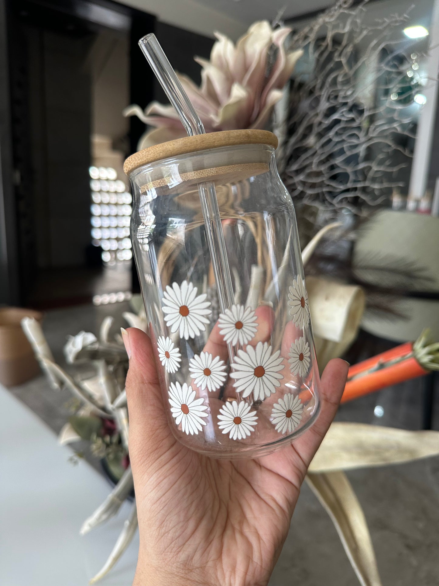 Printed Glass Sipper Tumbler with Bamboo Lid & Glass Straw | 450ml