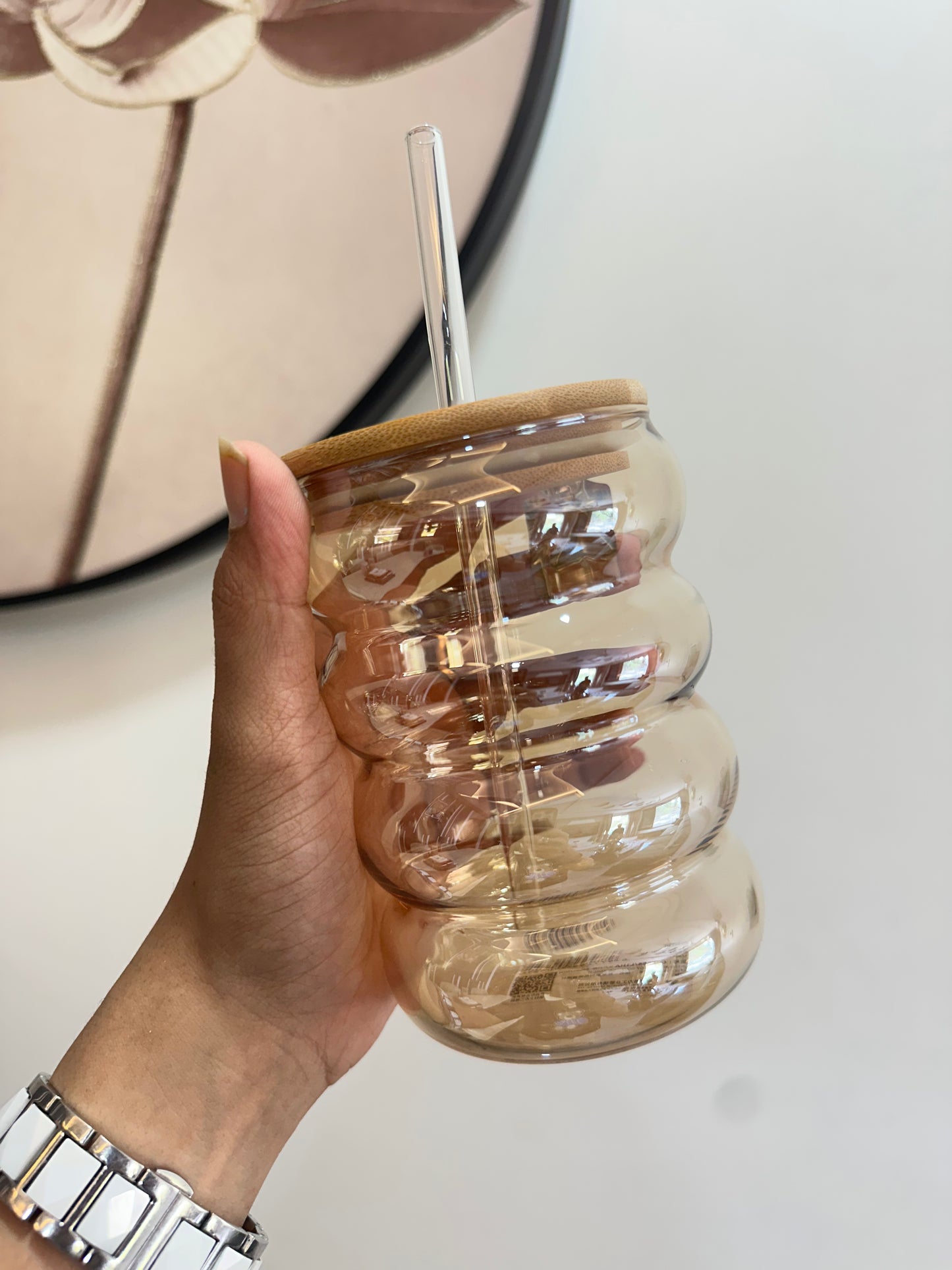 Ripple Glass Tumbler with Bamboo Lid & Glass Straw | 450ml