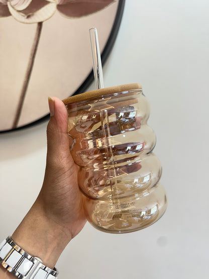 Ripple Glass Tumbler with Bamboo Lid & Glass Straw | 450ml