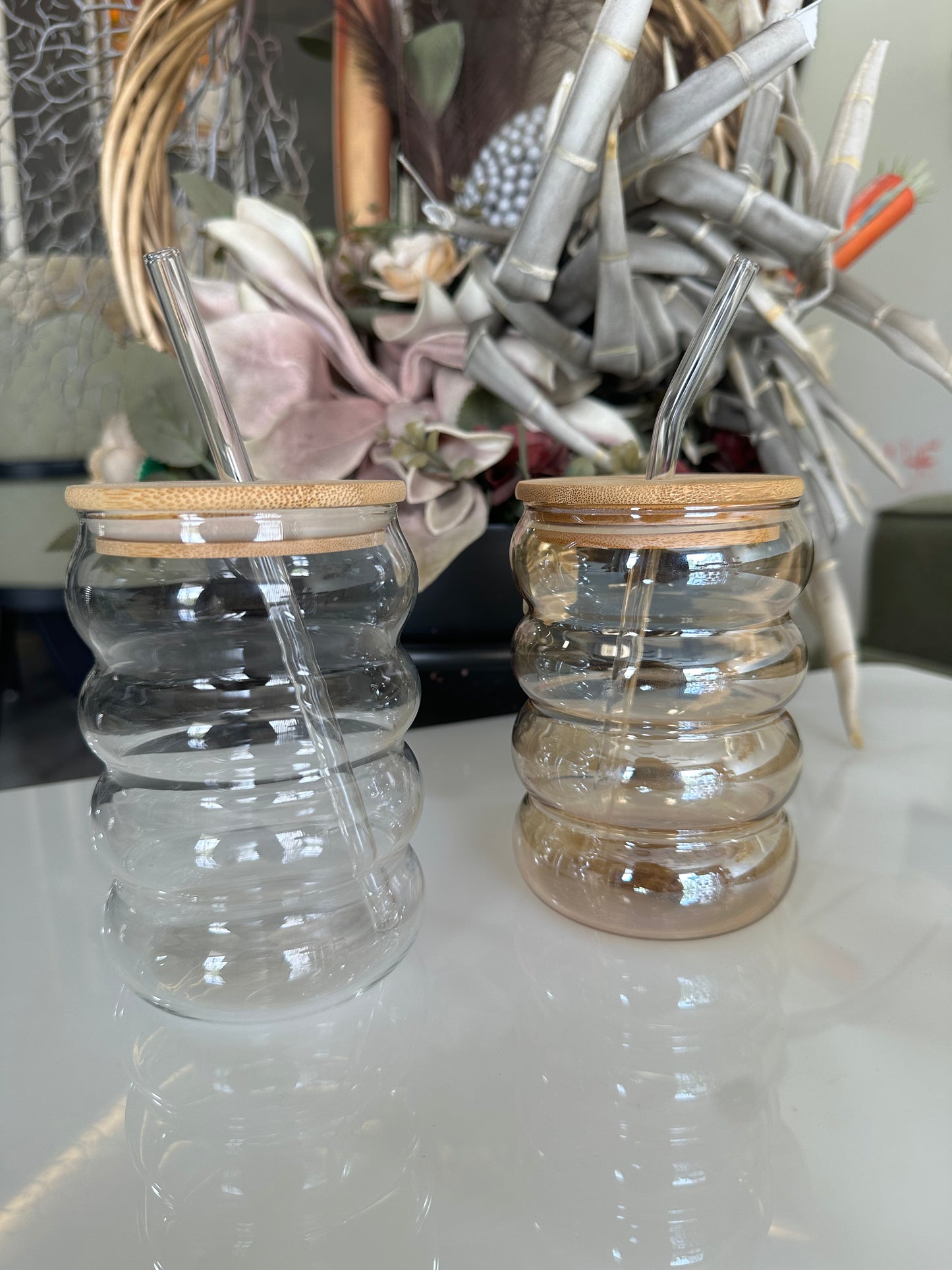 Ripple Glass Tumbler with Bamboo Lid & Glass Straw | 450ml