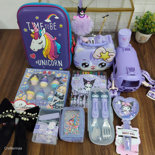 Purple clear bag hamper full of cute things