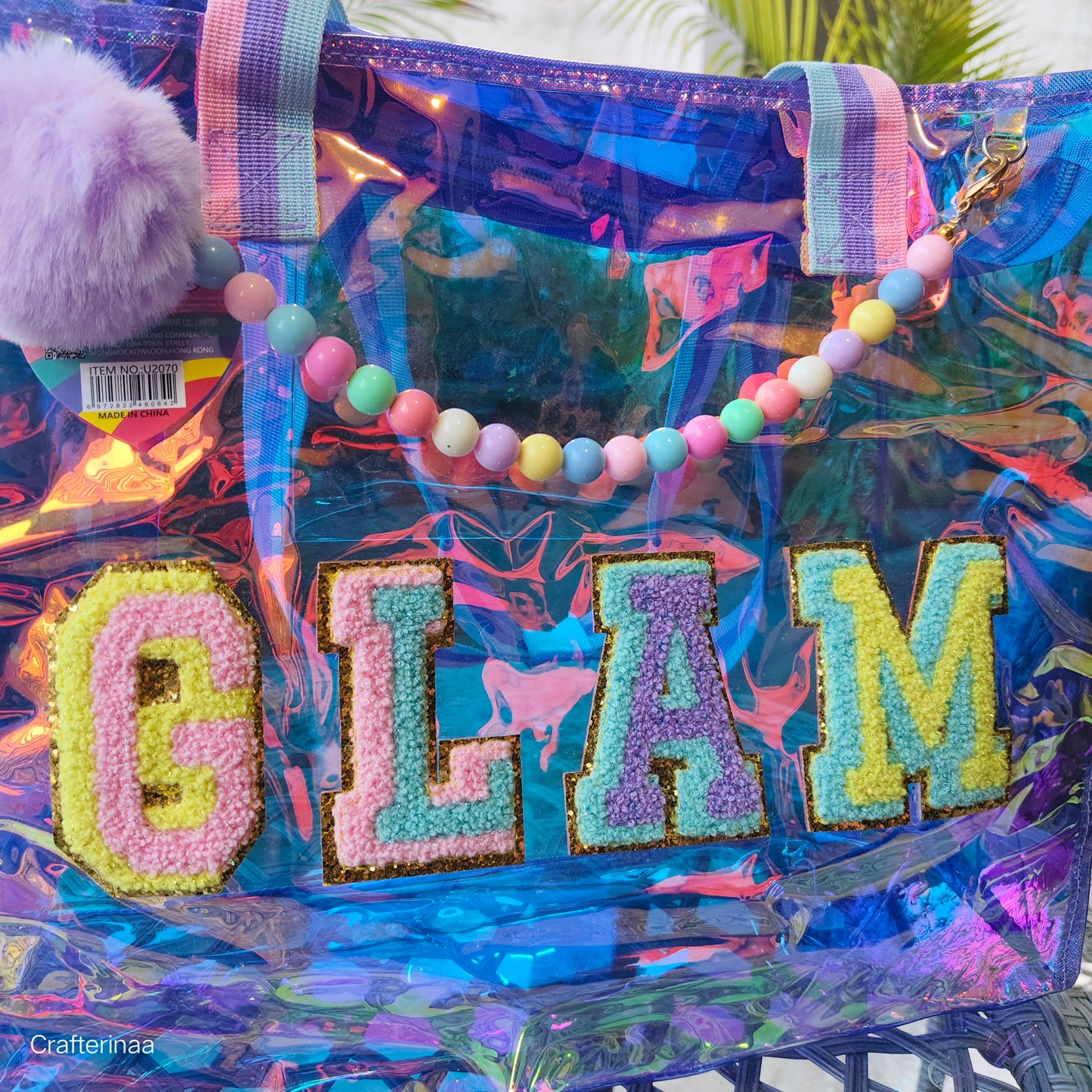 Holographic Big size tote bags with pearl detailing and pompom charm