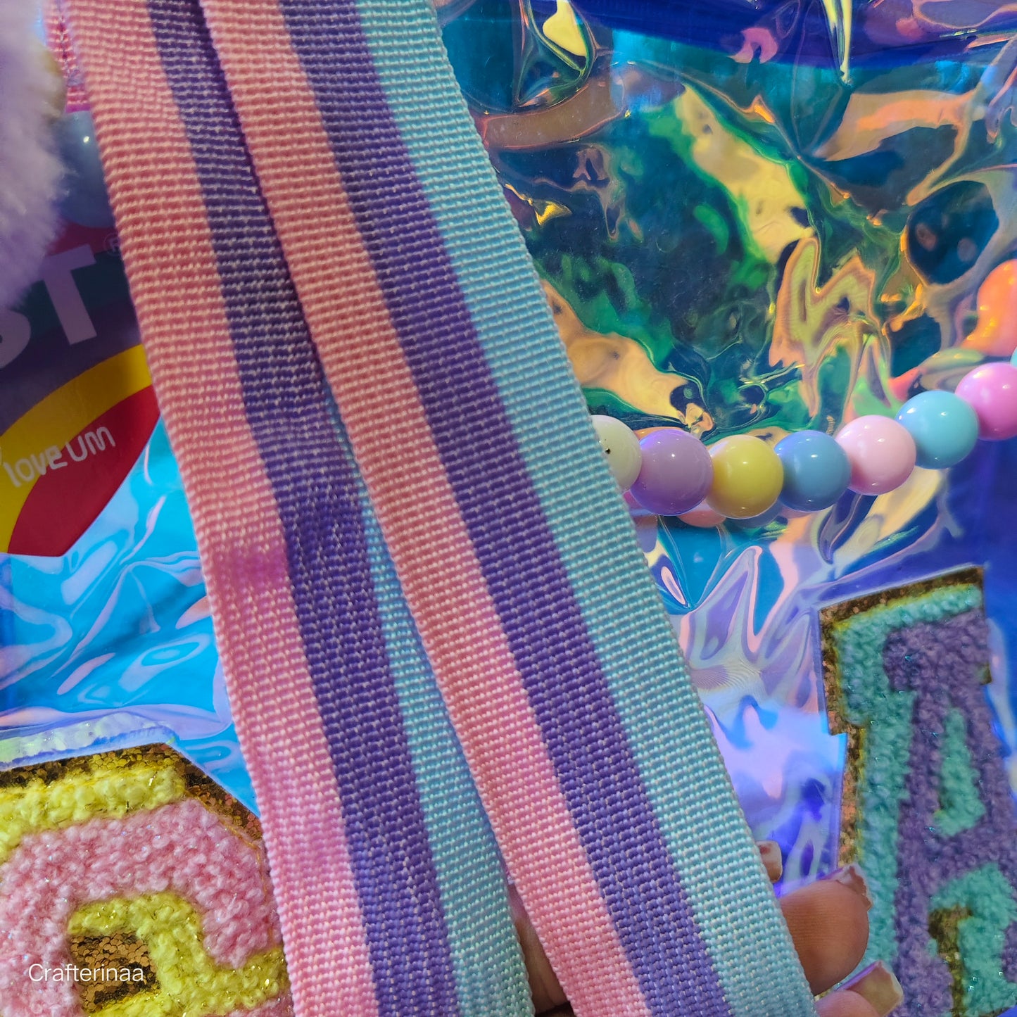 Holographic Big size tote bags with pearl detailing and pompom charm