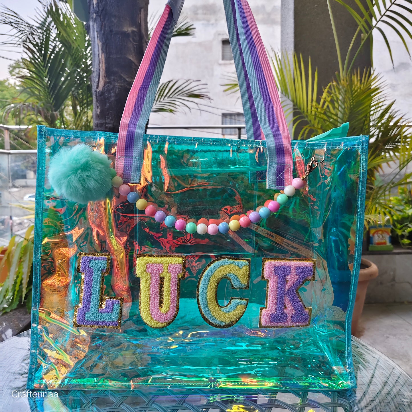 Holographic Big size tote bags with pearl detailing and pompom charm