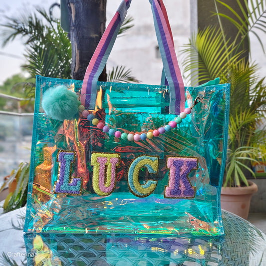 Holographic Big size tote bags with pearl detailing and pompom charm