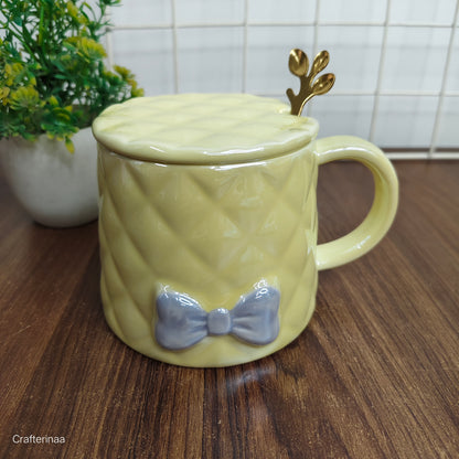 Holographic bow mug with spoon and lid| quilted ceramic mugs