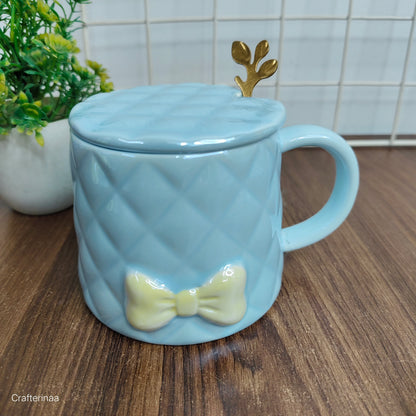 Holographic bow mug with spoon and lid| quilted ceramic mugs