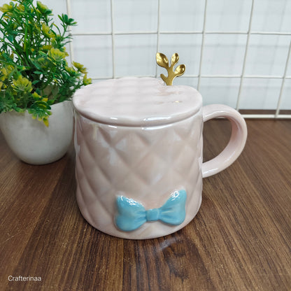 Holographic bow mug with spoon and lid| quilted ceramic mugs