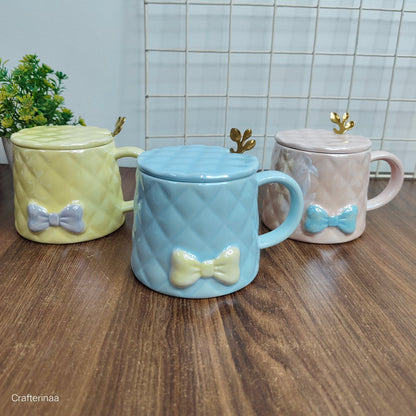 Holographic bow mug with spoon and lid| quilted ceramic mugs
