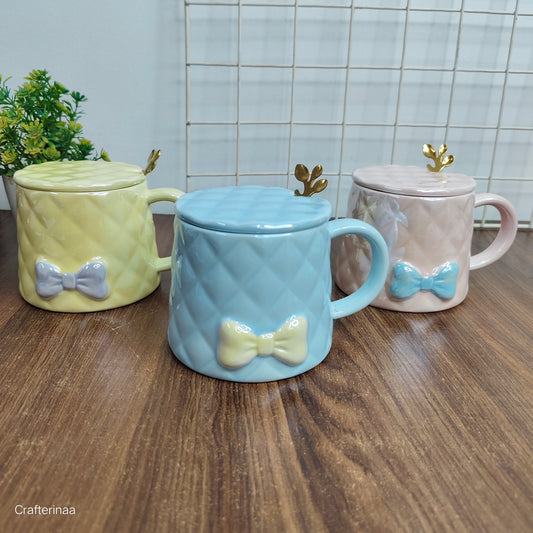 Holographic bow mug with spoon and lid| quilted ceramic mugs