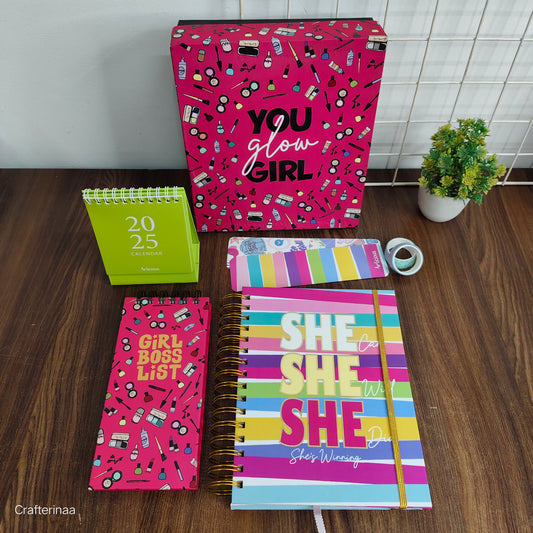 “Girl Boss planner Set – 2025/2026 Calendar, Notebooks, Planner, Bookmark & More | Motivational Desk Set for Women & Girls”
