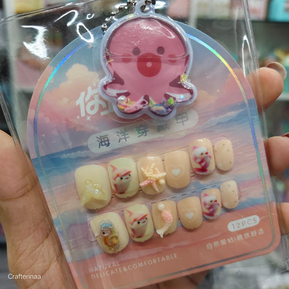 Ocean Fantasy Press-On Nails Set for Kids – 12PCS Sea Life Nail Art with Mermaid, Starfish & Cute Keychain sticker
