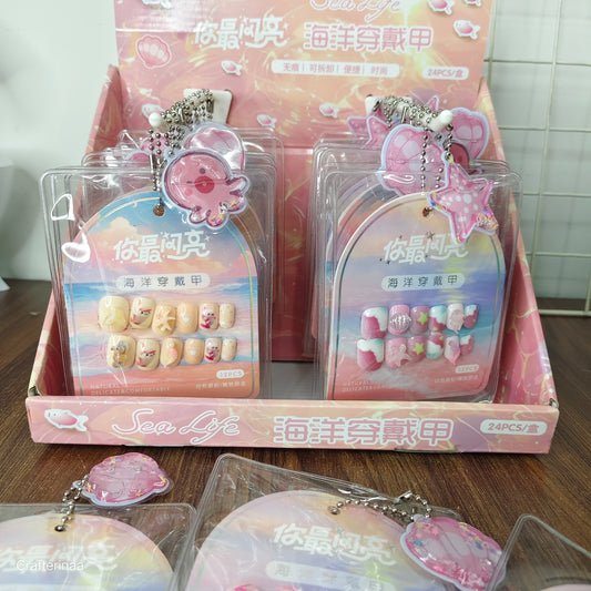Ocean Fantasy Press-On Nails Set for Kids – 12PCS Sea Life Nail Art with Mermaid, Starfish & Cute Keychain sticker