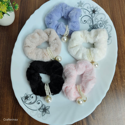 "Elegant Pearl Charm Scrunchies – Fluffy Velvet Hair Ties in Pastel & Classic Shades"