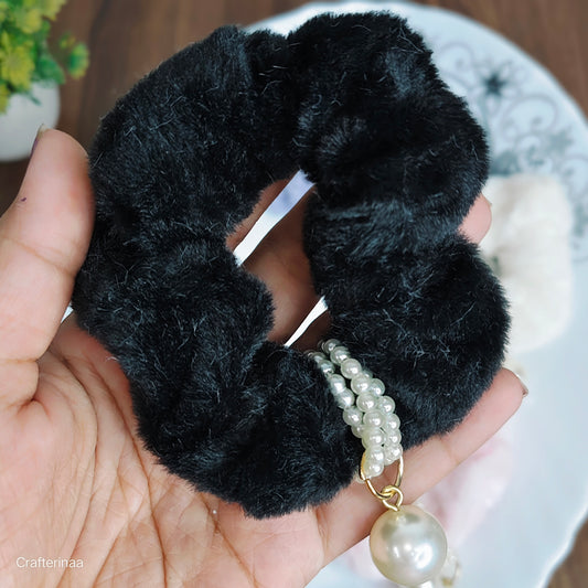 "Elegant Pearl Charm Scrunchies – Fluffy Velvet Hair Ties in Pastel & Classic Shades"
