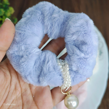 "Elegant Pearl Charm Scrunchies – Fluffy Velvet Hair Ties in Pastel & Classic Shades"