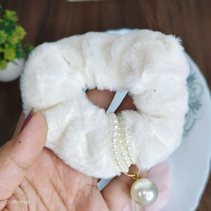 "Elegant Pearl Charm Scrunchies – Fluffy Velvet Hair Ties in Pastel & Classic Shades"
