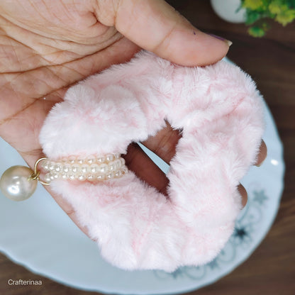 "Elegant Pearl Charm Scrunchies – Fluffy Velvet Hair Ties in Pastel & Classic Shades"
