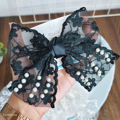 Vintage Style Lace Hair Bows|Big Bow Clips with Pearls
