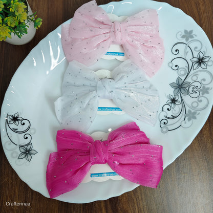"Sparkle Bow Hair Clip Set – Sheer Fabric Hair Bows for Kids & Teens"