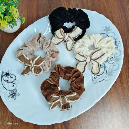 "Velvet Bow Scrunchies Set with woolen bow – Soft Hair Ties with Knitted Ribbon"