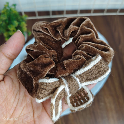 "Velvet Bow Scrunchies Set with woolen bow – Soft Hair Ties with Knitted Ribbon"