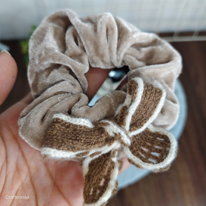 "Velvet Bow Scrunchies Set with woolen bow – Soft Hair Ties with Knitted Ribbon"