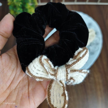"Velvet Bow Scrunchies Set with woolen bow – Soft Hair Ties with Knitted Ribbon"