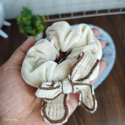 "Velvet Bow Scrunchies Set with woolen bow – Soft Hair Ties with Knitted Ribbon"