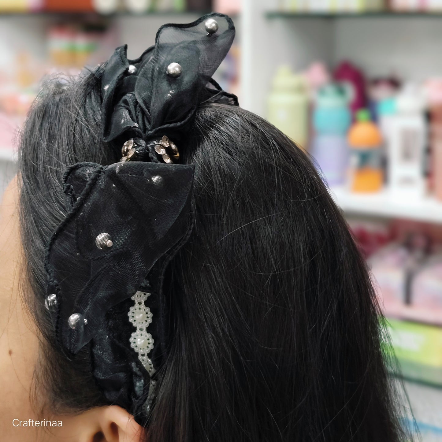 "Lace Pearl Bow Headbands – Elegant Mesh Hair Bands with Beads for Women & Girls"