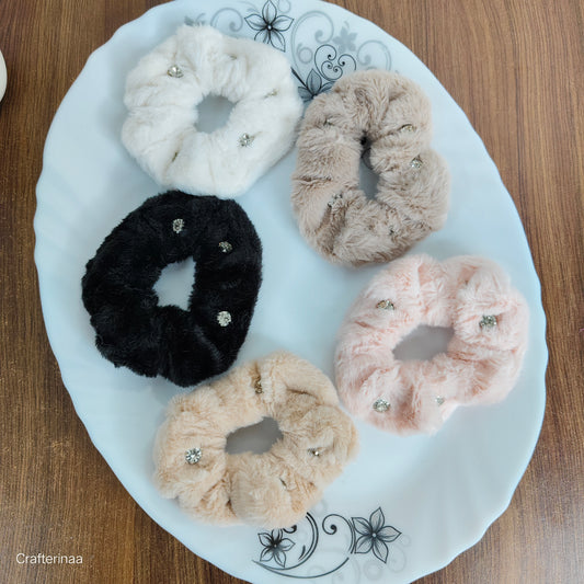 "Elegant Rhinestone Fur Scrunchies – Winter Hair Accessories for Women & Teens"