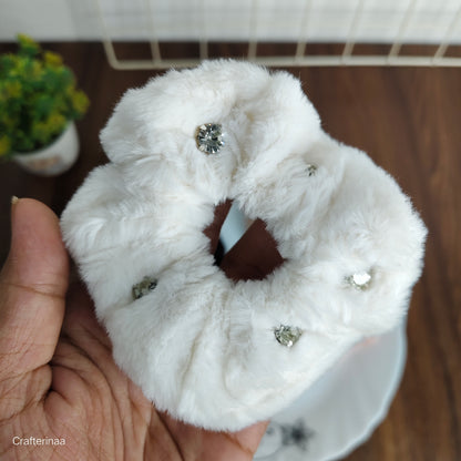 "Elegant Rhinestone Fur Scrunchies – Winter Hair Accessories for Women & Teens"