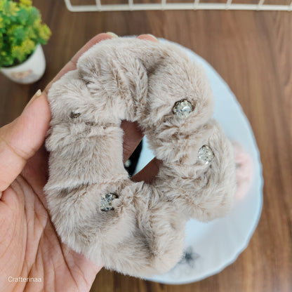"Elegant Rhinestone Fur Scrunchies – Winter Hair Accessories for Women & Teens"