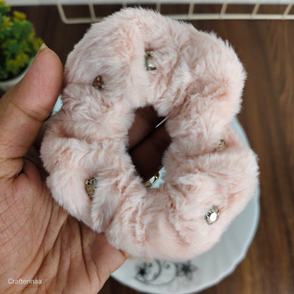 "Elegant Rhinestone Fur Scrunchies – Winter Hair Accessories for Women & Teens"