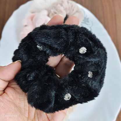 "Elegant Rhinestone Fur Scrunchies – Winter Hair Accessories for Women & Teens"