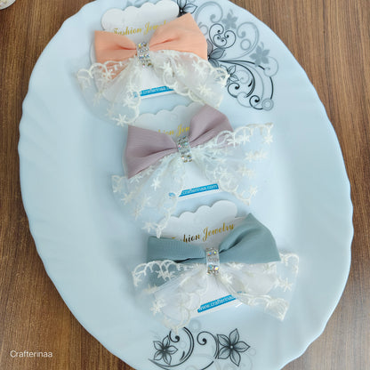 “Elegant Lace Bow Hair Clips for Girls – Pastel Colors with Rhinestone Center – Cute & Stylish Hair Accessories for Parties and Daily Wear