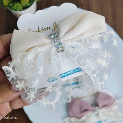 “Elegant Lace Bow Hair Clips for Girls – Pastel Colors with Rhinestone Center – Cute & Stylish Hair Accessories for Parties and Daily Wear