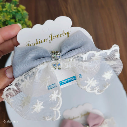 “Elegant Lace Bow Hair Clips for Girls – Pastel Colors with Rhinestone Center – Cute & Stylish Hair Accessories for Parties and Daily Wear