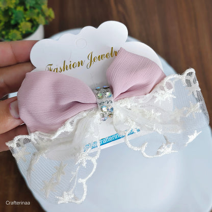 “Elegant Lace Bow Hair Clips for Girls – Pastel Colors with Rhinestone Center – Cute & Stylish Hair Accessories for Parties and Daily Wear